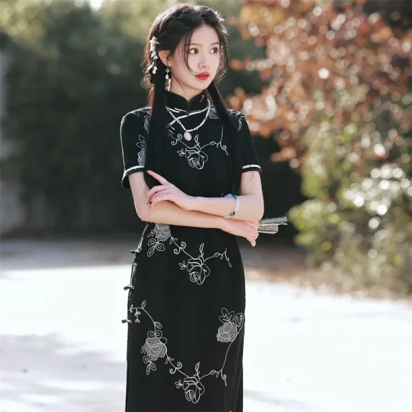 Kf Sb155dc151a424c4780330e7640fe6f710 2023 Summer New Black Lace Embroidery Cheongsam Dress Women Mid Long Dresses Slim Vintage Improved Qipao Summer New Black Lace Embroidery Cheongsam Dress Women Mid Long Dresses Slim Vintage Improved Qipao S To 3XL