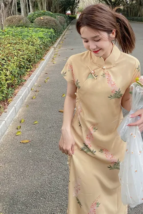 Kf Sb18df77a468448649dbf9addffab6cc67 Women Yellow Loose Cheongsam High Quality Summer New Dress Short Sleeve Floral Vintage Qipao S To Women Yellow Loose Cheongsam High Quality Summer New Dress Short Sleeve Floral Vintage Qipao S To 3XL