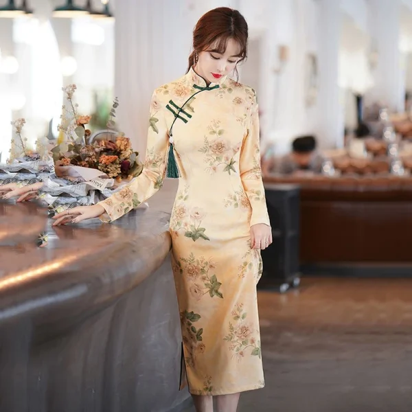 Kf Sb1b48d8fa68e4cf39b716741e496c1380 Spring New Yellow Dress Women Chinese Elegant Retro Traditional Dress Qipao Printing Cheongsam Long Qi Pao Women Chinese Elegant Retro Traditional Dress Qipao Printing Cheongsam Long Qi Pao Dresses oversize 5XL