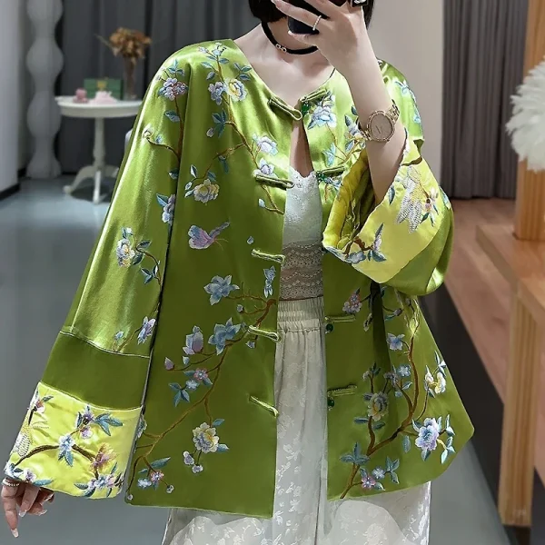 Kf Sb36038832cd44c53834e5502c02eb7b61 Fashionable Chinese High End Satin Jacket Top For Women Elegant Embroidery Flower And Bird Painting Loose Fashionable Chinese High-end Satin Jacket Top for Women, Elegant Embroidery, Flower and Bird Painting, Loose Tang Jacket Women