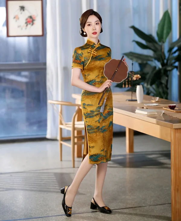 Kf Sb37dbb6463fe4f498fa7c62b6faf867fd Summer Improved Yellow Print Cheongsam Chinese Style Women Party Short Sleeve Qipao Summer Improved Yellow Print Cheongsam Chinese Style Women Party Short Sleeve Qipao