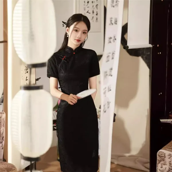 Kf Sb90100e5bec94ad187dc02a04c8316e8f Summer Black Cheongsam Mid Length Elegant Retro Qipao Lady Short Sleeved Temperament High End Chinese Traditional Summer Black Cheongsam Mid-length Elegant Retro Qipao Lady Short-sleeved Temperament High-end Chinese Traditional Evening Dress