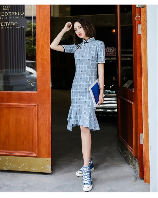 Kf Sb97c901be4f24e2186f7916b4a1e918dl 2023 Women Pink Blue Vintage Checkered Dress Plus Size Cheongsam Fishtail Dresses Slim Qipao S To Women Pink Blue Vintage Checkered Dress Plus Size Cheongsam Fishtail Dresses Slim Qipao S To 3XL Novelty Costume