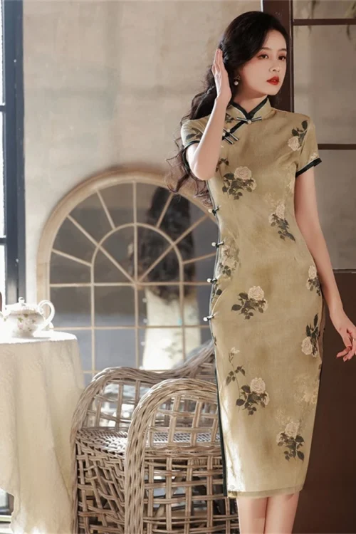 Kf Sbe49f23896b9476e855d1fc4c9bab89eb Vintage Chinese Traditional Chic Yellow Jacquard Cheongsam Young Style Women Short Sleeved Improved Evening Party Qipao Vintage Chinese Traditional Chic Yellow Jacquard Cheongsam Young Style Women Short-sleeved Improved Evening Party Qipao Dress