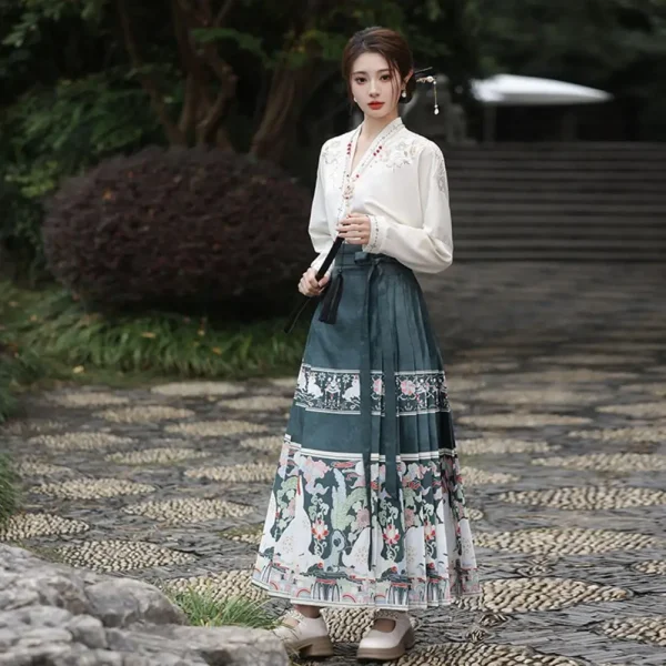 Kf Sbf9e09ca24064c92a01d5799bbcc78c4h Elegant Long Skirt Suit Women S Floral Embroidered Hanfu Costume Set With Horse Face Skirt V Elegant Long Skirt Suit Women's Floral Embroidered Hanfu Costume Set with Horse-face Skirt V Neck Top Lace-up for Mamianqun