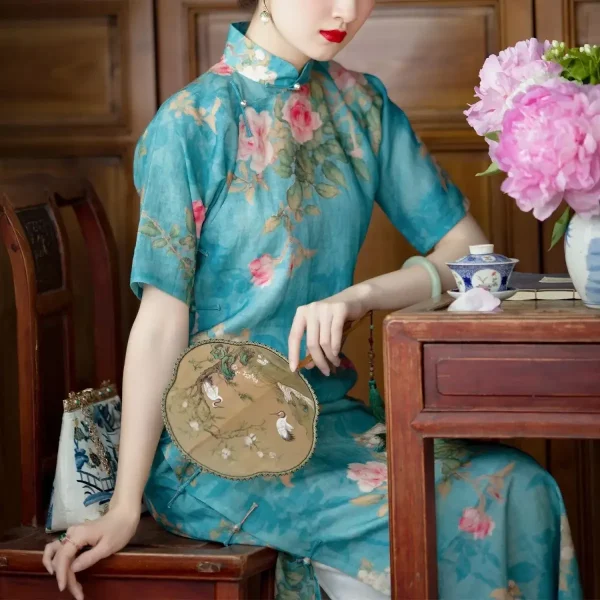 Kf Sbfa4b7b179094c86aa772c575b187b89z Summer Chinese Style Women Elegant Printed Cotton Linen Retro Qipao Buttoned Loose Blue Traditional Cheongsam Long Summer Chinese Style Women Elegant Printed Cotton Linen Retro Qipao Buttoned Loose Blue Traditional Cheongsam Long Dress Robe