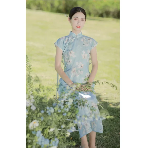 Kf Sc056a674a5e64ca3bce83b15411df2d8r Summer Vintage Blue Dress Women Elegant Cotton Linen Stand Collar Floral Printed Short Sleeve Cheongsam Qipao Summer Vintage Blue Dress Women Elegant Cotton Linen Stand Collar Floral Printed Short Sleeve Cheongsam Qipao Evening Dresses