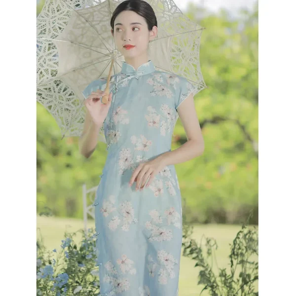 Kf Sc0ac15a14e3c415ebd9d2b3bb4742da3i Summer Vintage Blue Dress Women Elegant Cotton Linen Stand Collar Floral Printed Short Sleeve Cheongsam Qipao Summer Vintage Blue Dress Women Elegant Cotton Linen Stand Collar Floral Printed Short Sleeve Cheongsam Qipao Evening Dresses