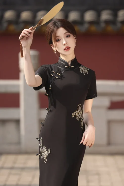 Kf Sc0e8eaede0794f56b138c85f868481401 Old Shanghai Black Long Embroidered Short sleeved Qipao 2024 Spring New Fashion Improvement Chinese Qipao Cheongsam Dress