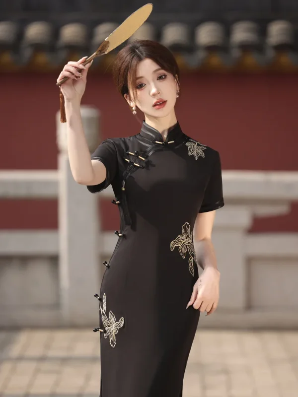 Kf Sc0e8eaede0794f56b138c85f868481401 Old Shanghai Black Long Embroidered Short sleeved Qipao 2024 Spring New Fashion Improvement Chinese Qipao Cheongsam Dress