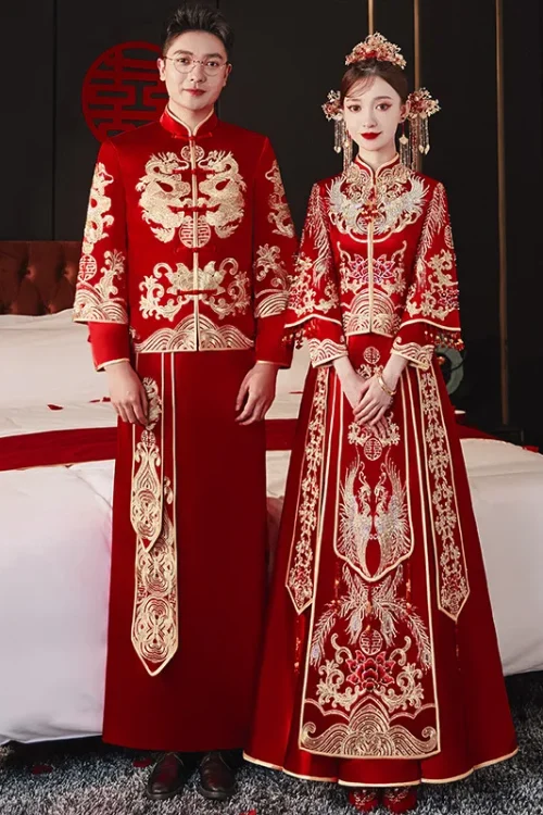 Kf Sc3b285c97b3342b69c46759f8b09d1db6 2023 New Chinese Couple Vintage Mandarin Collar Cheongsam Toast Clothing Costume Dragon And Phoenix Embroidery Wedding New Chinese Couple Vintage Mandarin Collar Cheongsam Toast Clothing Costume Dragon and Phoenix Embroidery Wedding Dress