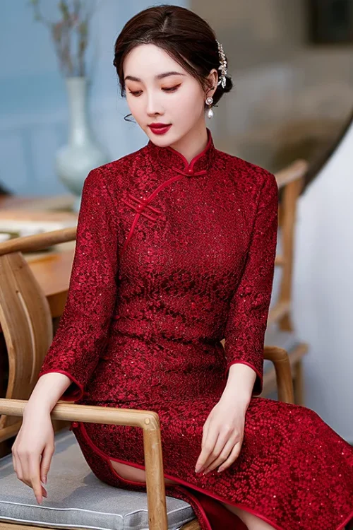 Kf Sc40949bef13e460992f9977577746f8dr 2022 Musim Semi Musim Gugur Cheongsam Renda Merah Gaun Malam Pengantin Pakaian Tradisional Cina Qipao Belahan Panjang Gaun untuk Wanita.