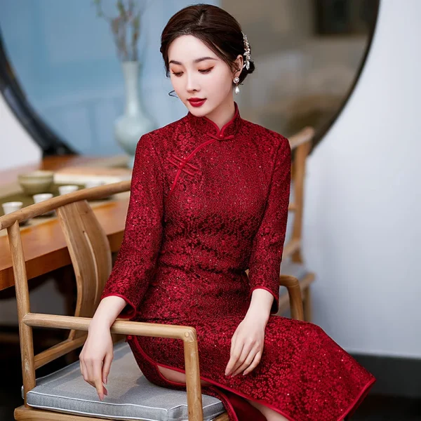 Kf Sc40949bef13e460992f9977577746f8dr 2022 Spring Autumn Red Lace Cheongsam Bride Wedding Evening Dress Chinese Traditional Clothing Qipao Long Slit Spring Autumn Red Lace Cheongsam Bride Wedding Evening Dress Chinese Traditional Clothing Qipao Long Slit Dress for Women