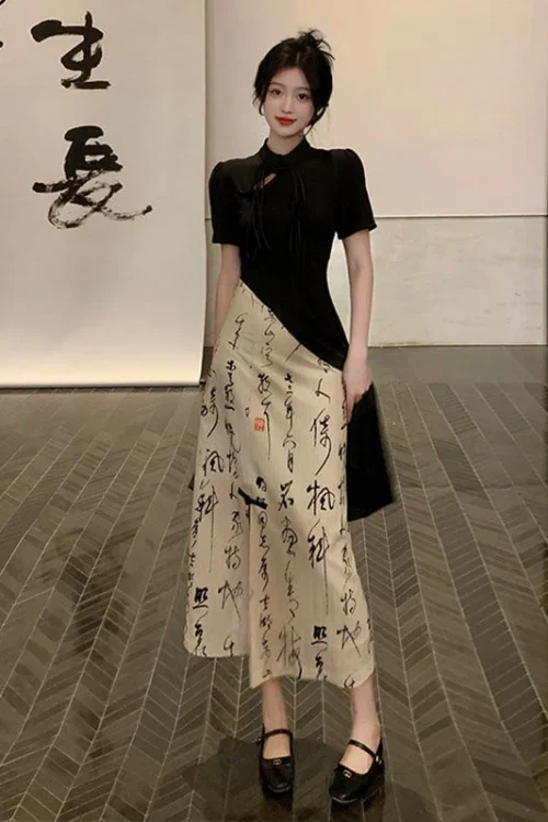 Kf Sc52897e928244466979507c0e59d5d58l New Chinese Style High Grade Irregular Calligraphy Half Body Dress Fashion Qipao Two Piece Set Skirt New Chinese Style High Grade Irregular Calligraphy Half Body Dress Fashion Qipao Two Piece Set Skirt Women's Summer Hanfu Suit