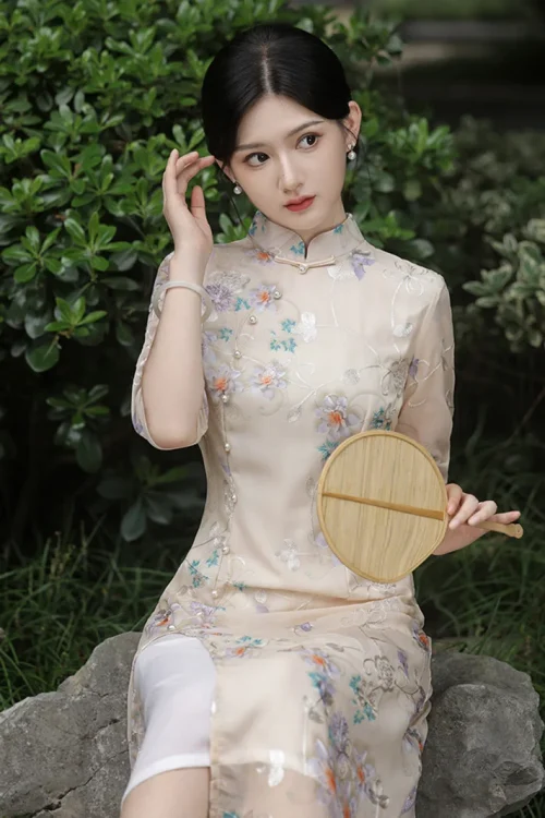 Kf Sc6a6a29b84254ab395e7406d2f32ba3eh 2023 Champagne Chiffon Embroidery Cheongsam Chinese Style Women Mid Long Vintage Dress Improved Qipao Half Sleeve Champagne Chiffon Embroidery Cheongsam Chinese Style Women Mid Long Vintage Dress Improved Qipao Half Sleeve Dresses