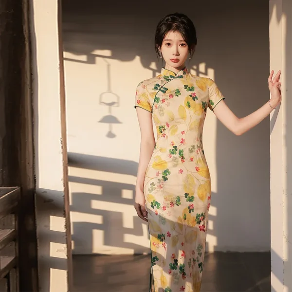 Kf Sc7f572dff15741ee85f61777f606c377j Yellow Chinese Style Cheongsam Yellow Women Handmade Button Traditional Vintage Dress Short Sleeve Floral Qipao S Yellow Chinese Style Cheongsam Yellow Women Handmade Button Traditional Vintage Dress Short Sleeve Floral Qipao S To XXL