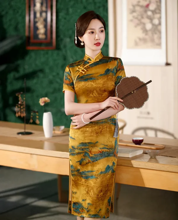 Kf Sc93bc248a44747769a2caf5ab29c67b6a Summer Improved Yellow Print Cheongsam Chinese Style Women Party Short Sleeve Qipao Summer Improved Yellow Print Cheongsam Chinese Style Women Party Short Sleeve Qipao