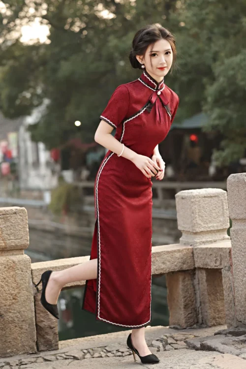 Kf Sca75dc9d930d49f7aa7af2224fda37cfx Spring Summer New Mom S Long Cheongsam Wine Red Qipao Lace Retro Art Style Bow Cheongsam Spring Summer New Mom's Long Cheongsam Wine Red Qipao Lace Retro Art Style Bow Cheongsam ng Art Slimming Qipao