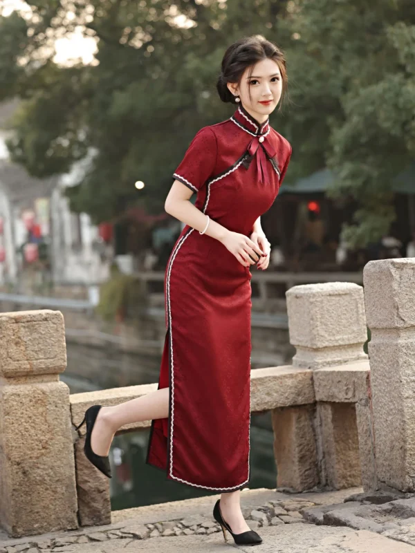 Kf Sca75dc9d930d49f7aa7af2224fda37cfx Spring Summer New Mom S Long Cheongsam Wine Red Qipao Lace Retro Art Style Bow Cheongsam Spring Summer New Mom's Long Cheongsam Wine Red Qipao Lace Retro Art Style Bow Cheongsam ng Art Slimming Qipao