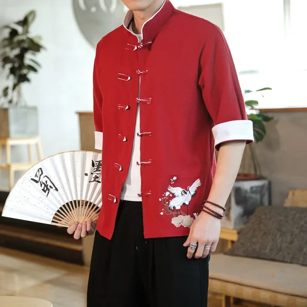 Kf Scceaca876cd44eefa9468b4658ae8e22v Embroidery Crane Short Sleeve Shirts Men Traditional Linen Casual Tang Suit Cardigan Men Chinese Style Retro Embroidery Crane Short Sleeve Shirts Men Traditional Linen Casual Tang Suit Cardigan Men Chinese Style Retro Kung Fu Blouses Men