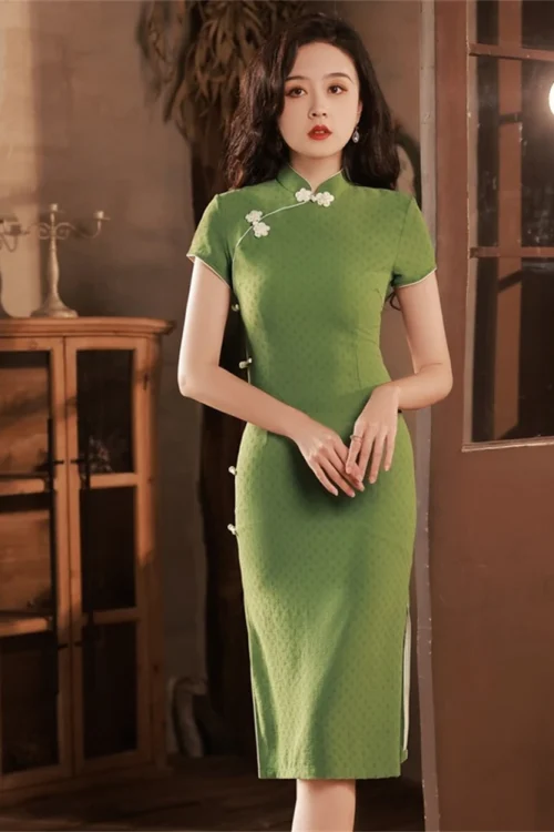 Kf Scd15406ae2da4c0483f9d1a2955691c5z Verde Mezza lunghezza manica corta Cheongsam Elegante Vintage Cinese Tradizionale Side Split Qipao Dress Partito Formale Verde Mezza lunghezza manica corta Cheongsam Elegante Vintage Cinese Tradizionale Side Split Qipao Dress Partito Formale Abito Orientale