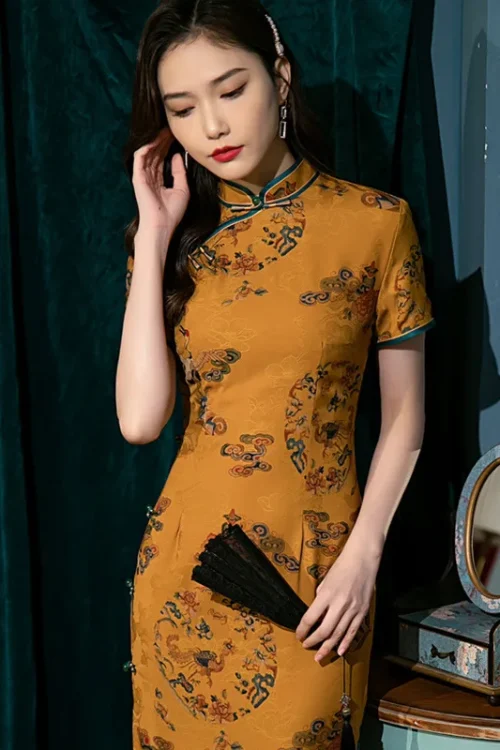 Kf Scd62c895e7984baaa840cbeb8a79f45cp Spring Summer New Women Yellow Qipao Short Sleeve Lady Party Dress Female Chinese Traditional Catwalk Cheongsam Spring Summer New Women Yellow Qipao Short Sleeve Lady Party Dress Female Chinese Traditional Catwalk Cheongsam