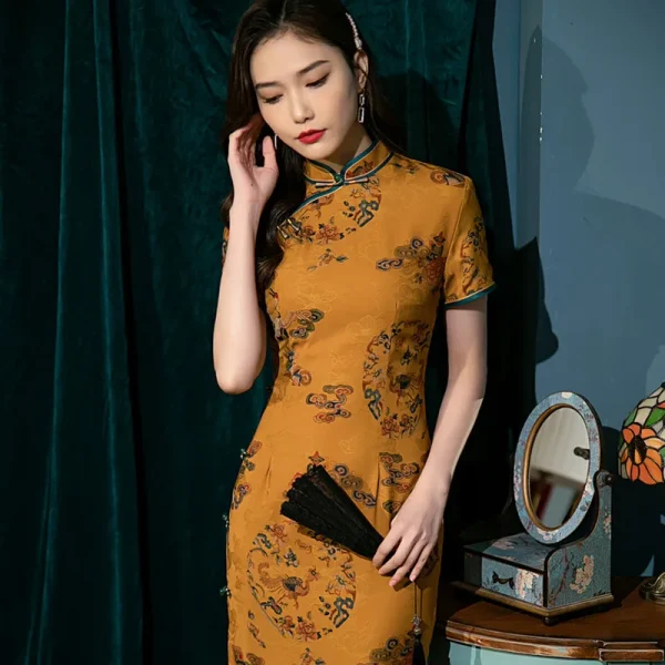 Kf Scd62c895e7984baaa840cbeb8a79f45cp Spring Summer New Women Yellow Qipao Short Sleeve Lady Party Dress Female Chinese Traditional Catwalk Cheongsam Spring Summer New Women Yellow Qipao Short Sleeve Lady Party Dress Female Chinese Traditional Catwalk Cheongsam