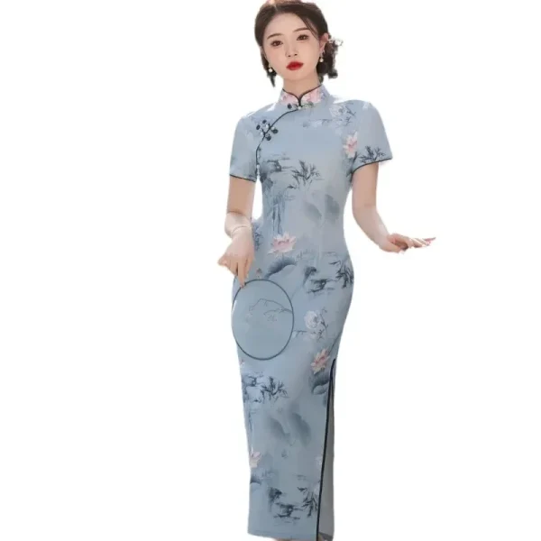 Kf Sd10f85b24da04df5a40f4295363398e0t Hot Sale New Chinese Style Blue Slim Long Cheongsam With Improved Summer Print For Girls Daily Hot Sale New Chinese Style Blue Slim Long Cheongsam with Improved Summer Print for Girls' Daily Vintage Short Sleeve Dresses