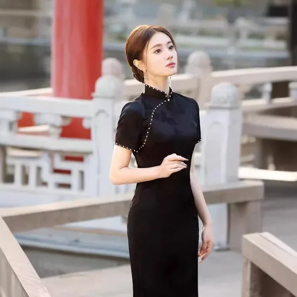 Kf Sd2c35cb9667b4deeace0fcd440fe6a2a0 Yourqipao 2024 Spring And Summer New Black Jacquard Satin Cheongsam Women S Retro Daily Improved Long Spring and Summer New Black Jacquard Satin Cheongsam Women's Retro Daily Improved Long Qipao Dress