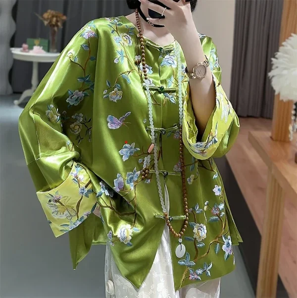 Kf Sd31b6fe11de1454c86eecf71e499163fj Fashionable Chinese High End Satin Jacket Top For Women Elegant Embroidery Flower And Bird Painting Loose Fashionable Chinese High-end Satin Jacket Top for Women, Elegant Embroidery, Flower and Bird Painting, Loose Tang Jacket Women