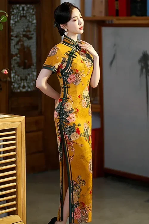 Kf Sd416b8fbb1d24d22829350d3b8e3e68ab 2024 Spring And Summer New Women S Yellow Stand Collar Long Fashion Retro Floral Chinese Fit Spring and Summer New Women's Yellow Stand Collar Long Fashion Retro Floral Chinese Fit Cheongsam Gold Dress Chinese Qipao