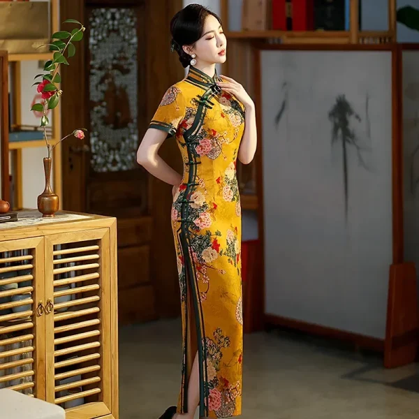 Kf Sd416b8fbb1d24d22829350d3b8e3e68ab 2024 Spring And Summer New Women S Yellow Stand Collar Long Fashion Retro Floral Chinese Fit Spring and Summer New Women's Yellow Stand Collar Long Fashion Retro Floral Chinese Fit Cheongsam Gold Dress Chinese Qipao