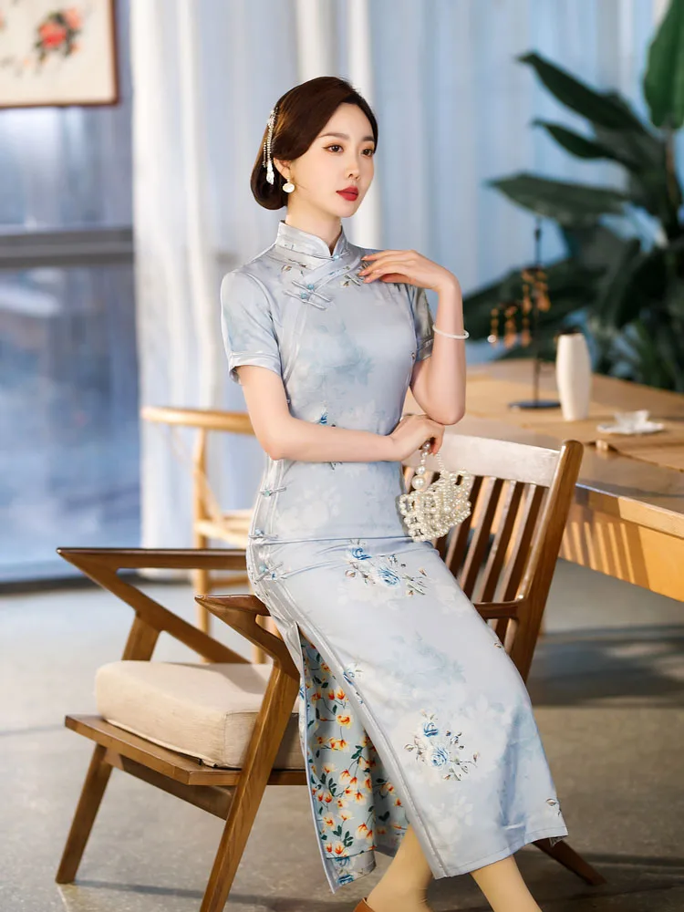 Kf Sd4937ab6c20a48cd9a8e2df7da189895v Yourqipao 2023 Summer Long Slim Silk Light Blue Cheongsam Catwalk Banquet Vintage Qipao Chinese Style Evening Summer Long Slim Silk Light Blue Cheongsam Catwalk Banquet Vintage Qipao Chinese Style Evening Dress for Women