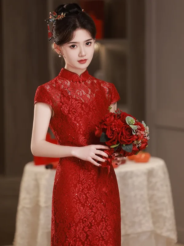 Kf Sd4f2113a269a4e33ad4d8face8644285d Red Lace Cheongsam Short Sleeve Improved Vintage Fishtail Dress Women Wedding Costumes Qipao S To Xxxl Red Lace Cheongsam Short Sleeve Improved Vintage Fishtail Dress Women Wedding Costumes Qipao S To XXXL