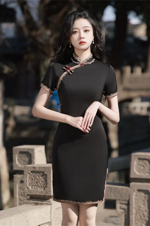 Kf Sd667ff8414ff48fe9cae87a726682df96 Black Sweet Cool French Retro Cheongsam Palace Style Improved New Young Girl Side Split Qipao Dress Black Sweet Cool French Retro Cheongsam Palace Style Improved New Young Girl Side Split Qipao Dress Evening Party Gown Oriental