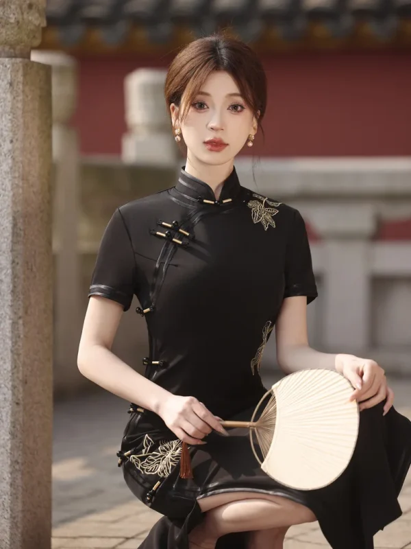 Kf Sd7575c9f57f24f3fb67157486b94132ey Old Shanghai Black Long Embroidered Short sleeved Qipao 2024 Spring New Fashion Improvement Chinese Qipao Cheongsam Dress