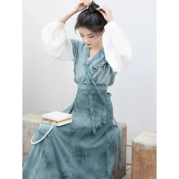 Kf Sdaa9f4f69a02449f9608729bde7a16cal 2024 Autumn Elegant Blue Bamboo Printed Long Sleeves Hanfu Dresses 3pcs Women S Improved Modern Casual Autumn Elegant Blue Bamboo Printed Long Sleeves Hanfu Dresses 3pcs Women's Improved Modern Casual Clothes Vestidos Chinos