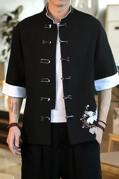 Kf Sdb60b2cc5dbe40d9bcc952faab0db9f2z Embroidery Crane Short Sleeve Shirts Men Traditional Linen Casual Tang Suit Cardigan Men Chinese Style Retro Embroidery Crane Short Sleeve Shirts Men Traditional Linen Casual Tang Suit Cardigan Men Chinese Style Retro Kung Fu Blouses Men