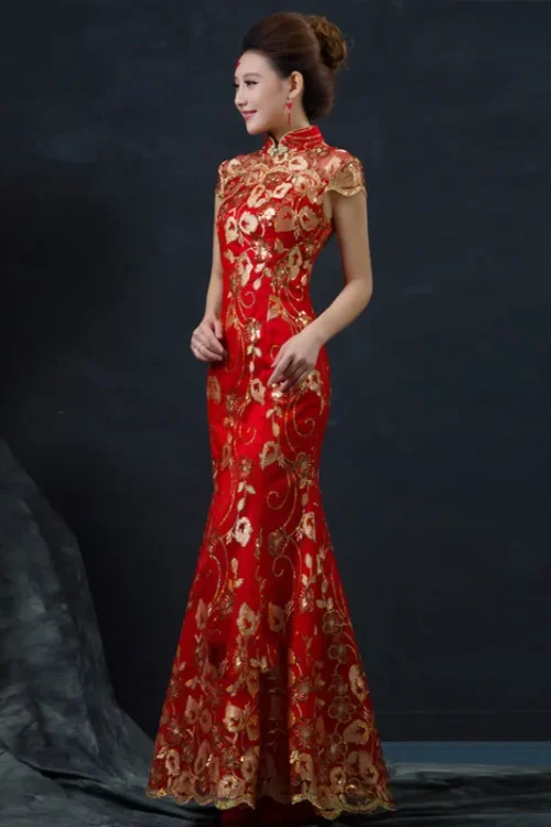 Kf Sdc0af90e141c4607b7fcfbb84d0a5b2dg Red Chinese Wedding Dress Female Long Short Sleeve Cheongsam Gold Slim Chinese Traditional Dress Women Qipao Red Chinese Wedding Dress Female Long Short Sleeve Cheongsam Gold Slim Chinese Traditional Dress Women Qipao for Wedding Party