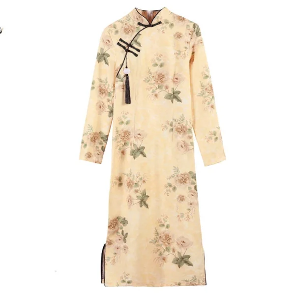 Kf Sdd3d7e2fb9794628a91e1c9b73e0ee6fk Spring New Yellow Dress Women Chinese Elegant Retro Traditional Dress Qipao Printing Cheongsam Long Qi Pao Women Chinese Elegant Retro Traditional Dress Qipao Printing Cheongsam Long Qi Pao Dresses oversize 5XL