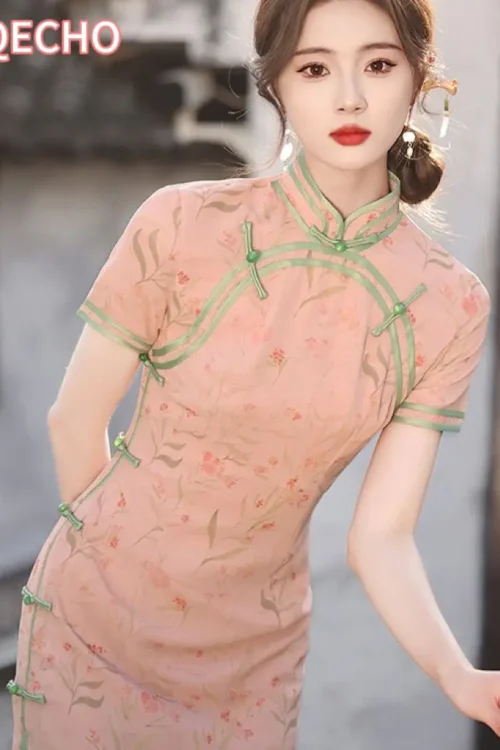 Kf Sdefa32d3c8684c5aab2e18d025e85828g New Qipao Improved Cheongsam 2024 Short Sleeved Women S Summer Youth Floral Elegant Pink Long Chinese New Qipao Improved Cheongsam 2024 Short-sleeved Women's Summer Youth Floral Elegant Pink Long Chinese Women's Wear