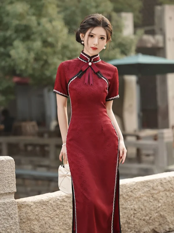 Kf Sdfb8e5bab7294774a45ada9115cb186fr Spring Summer New Mom S Long Cheongsam Wine Red Qipao Lace Retro Art Style Bow Cheongsam Spring Summer New Mom's Long Cheongsam Wine Red Qipao Lace Retro Art Style Bow Cheongsam ng Art Slimming Qipao