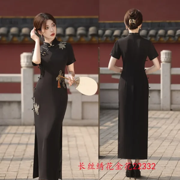 Kf Sdfe0c9d888fd4929968a4cf2d054d3861 Old Shanghai Black Long Embroidered Short Sleeved Qipao 2024 Spring New Fashion Improvement Chinese Qipao Cheongsam Old Shanghai Black Long Embroidered Short sleeved Qipao 2024 Spring New Fashion Improvement Chinese Qipao Cheongsam Dress