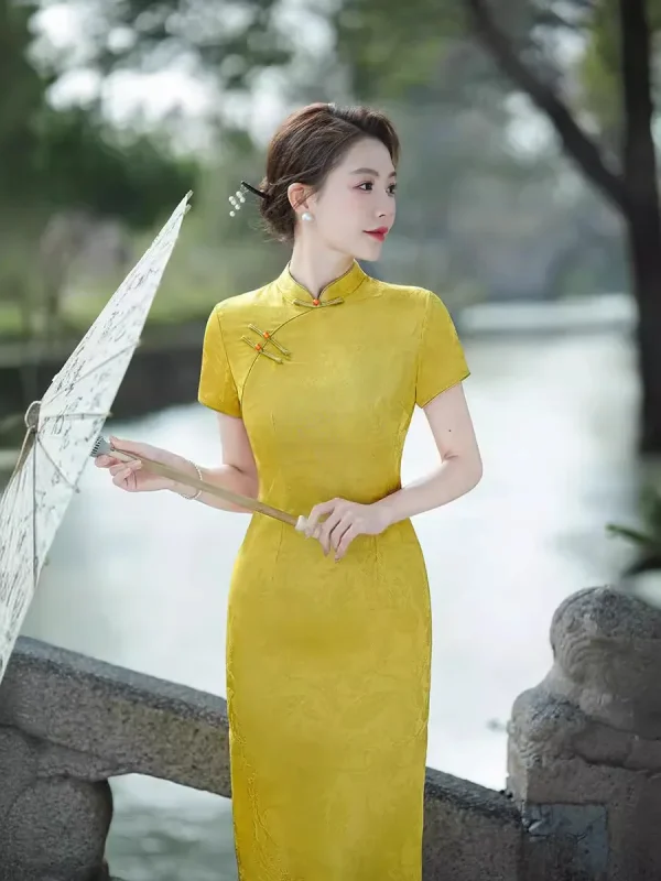 Kf Se384ce9428d64e6aa9fe6c9adff65e72e Yellow Qipao 2024 New Summer Retro Republic Jacquard Young Girl Style Improvement Dress Yellow Qipao New Summer Retro Yellow Cheongsam Improvement Dress