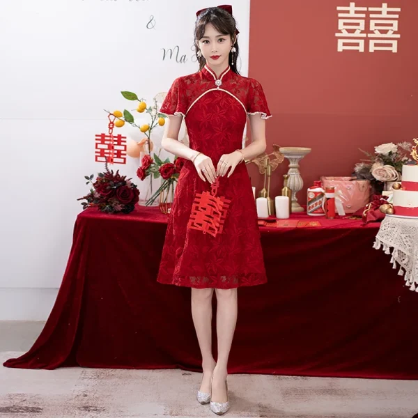 Kf Se440267f410d449da2ad9a0a119563c5p Bridal Wedding Banquet Cheongsam Chinese Traditional Red Qipao Short Sleeve Lace Dress For Women Clothing Bridal Wedding Banquet Cheongsam Chinese Traditional Red Qipao Short Sleeve Lace Dress for Women Clothing