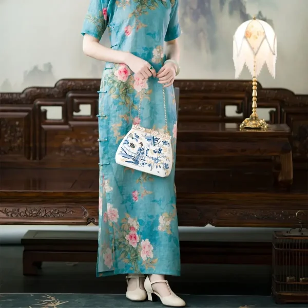 Kf Se889226489e14f019c282bee11bf542ft Summer Chinese Style Women Elegant Printed Cotton Linen Retro Qipao Buttoned Loose Blue Traditional Cheongsam Long Summer Chinese Style Women Elegant Printed Cotton Linen Retro Qipao Buttoned Loose Blue Traditional Cheongsam Long Dress Robe