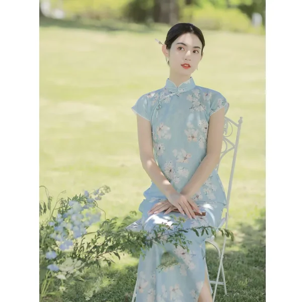 Kf Se8cde746fa944acbb9ced4dbdb2bd194y Summer Vintage Blue Dress Women Elegant Cotton Linen Stand Collar Floral Printed Short Sleeve Cheongsam Qipao Summer Vintage Blue Dress Women Elegant Cotton Linen Stand Collar Floral Printed Short Sleeve Cheongsam Qipao Evening Dresses