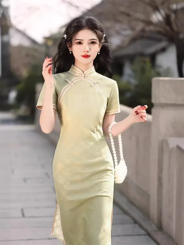 Kf Sea1acc0ab0184d468f1fad15b0b0c451e 2024 Spring Summer New Lace Round Neck Mid Length Qipao Girl S Short Sleeved Standing Neck Spring/Summer New Lace Round Neck Mid length Qipao Girl's Short sleeved Standing Neck Chinese Style Cheongsam