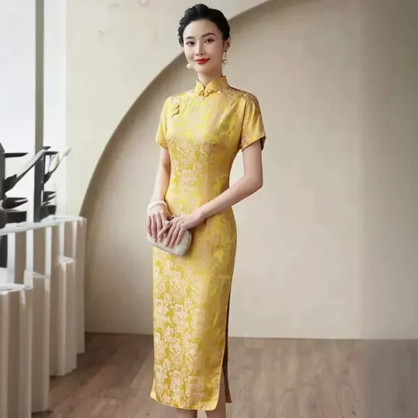 Kf Seb557fd396d644da996aeec51a1b8cb50 High End Quality Real Silk Cheongsam Qipao Yellow Toast Chinese Dress High-End Quality Real Silk Cheongsam Qipao Yellow Toast Chinese Dress