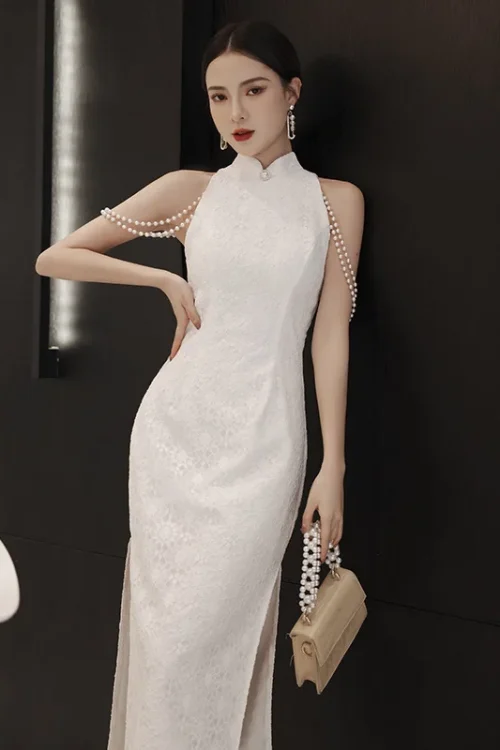 Style chinois élégant robe qipao améliorée blanche avec grande fente pour soirée, robe de fête pour femme.